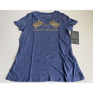Harley Davidson Women's Sz S Blue Retro Race Flag V-Neck Tee Top T-Shirt NEW